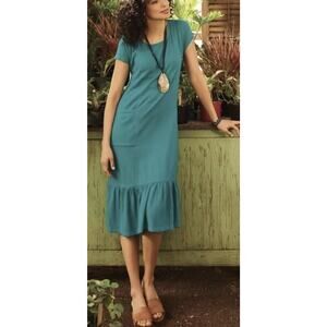 Soft Surroundings Fleur Dress Sz S Peacock Green Cap Sleeves Ruffle Hem Pockets